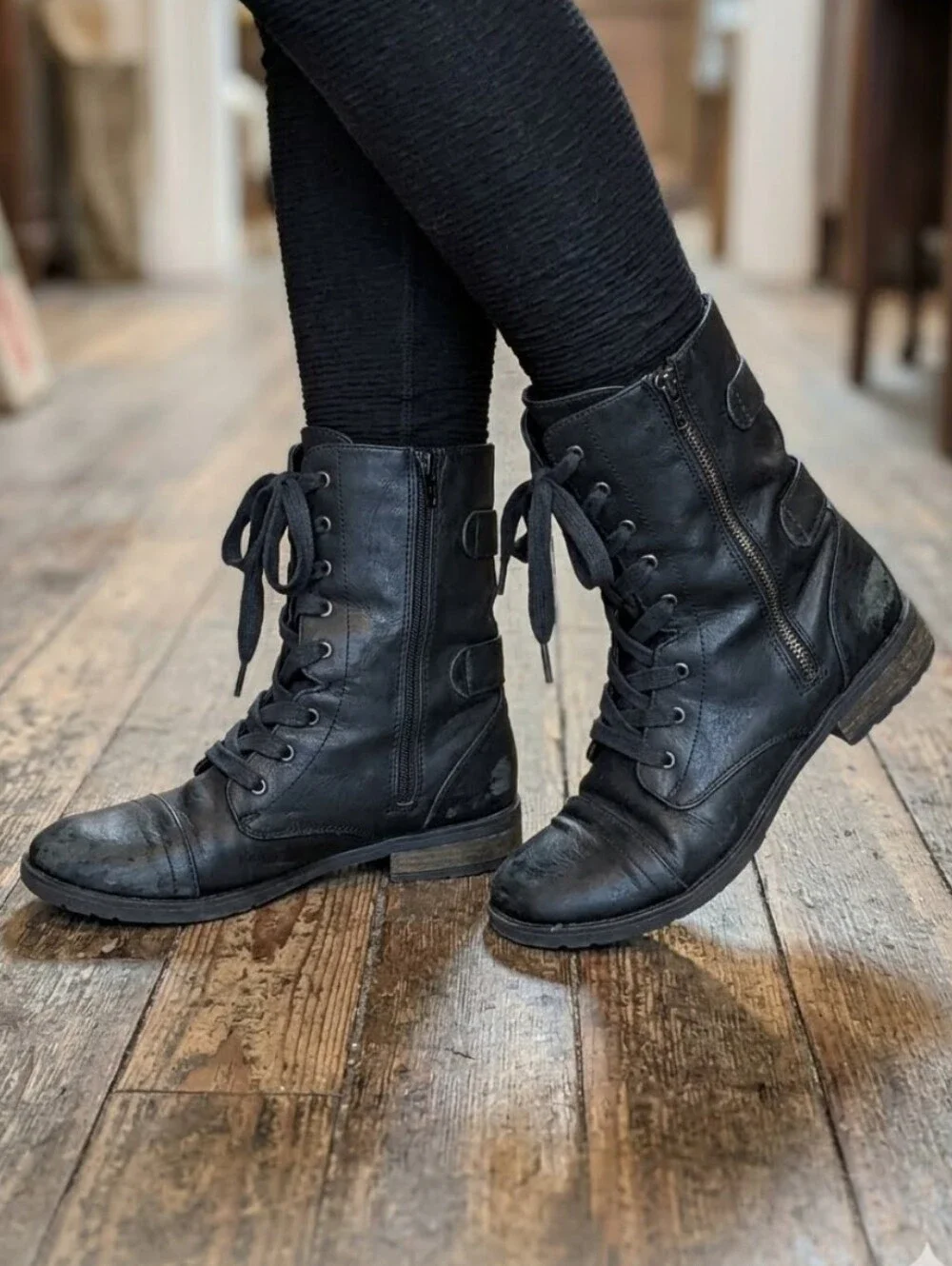 DEPT222 Black Lace-Up Mid-Calf Combat Boots Side-Zip Women's Size 8.5